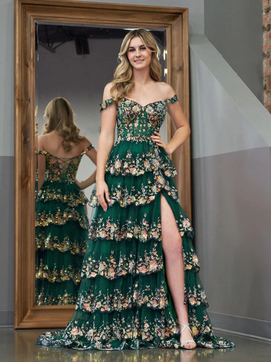 Enchanting Tiered Off-the-Shoulder Floral Emerald Green Long Prom Dress