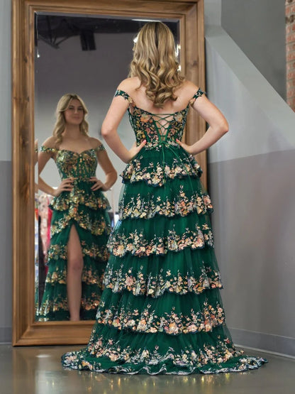 Enchanting Tiered Off-the-Shoulder Floral Emerald Green Long Prom Dress