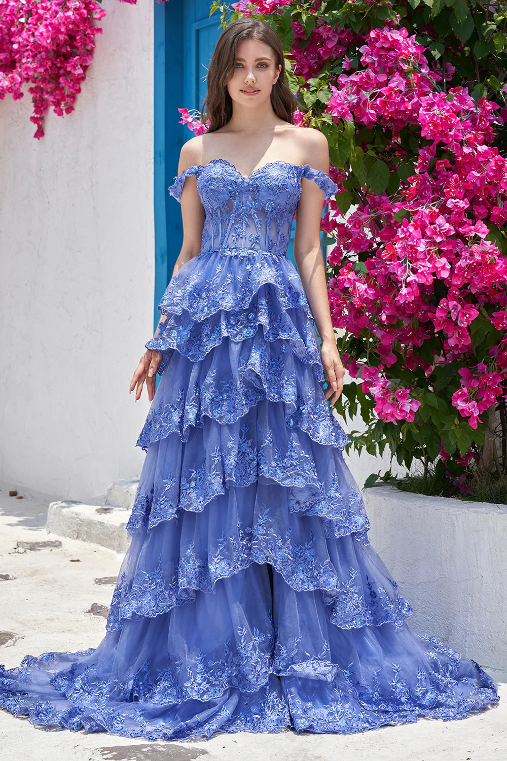 Enchanting Tiered Off-the-Shoulder Lace Periwinkle Long Prom Dress