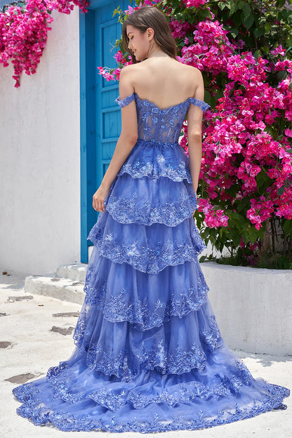Enchanting Tiered Off-the-Shoulder Lace Periwinkle Long Prom Dress