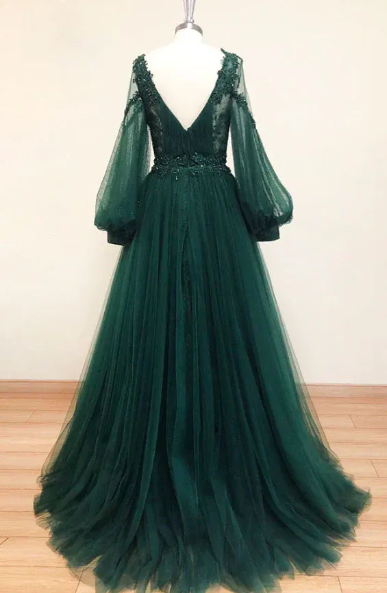 Enchanting Tulle-Lace Long Evening Dress Emerald Green Deep V-Neck Puff Sleeve for Women