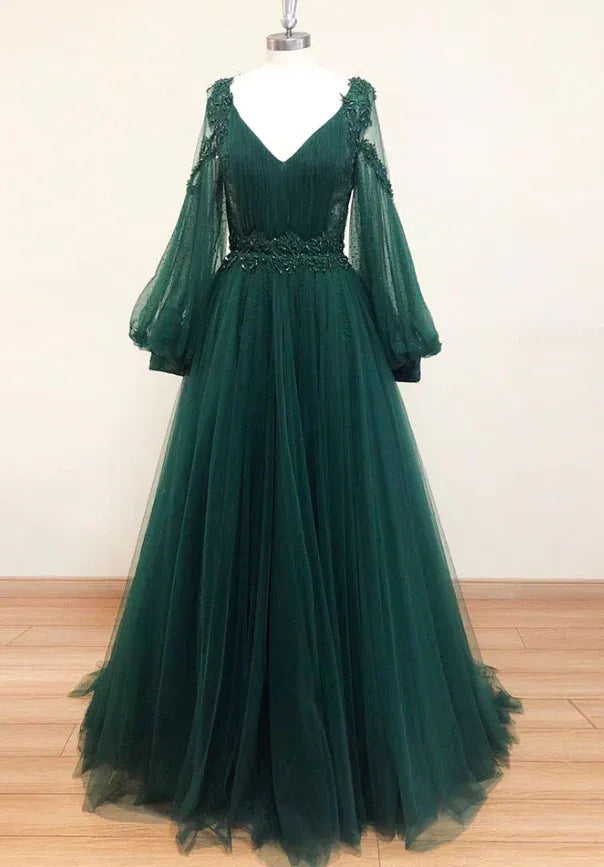 Enchanting Tulle-Lace Long Evening Dress Emerald Green Deep V-Neck Puff Sleeve for Women