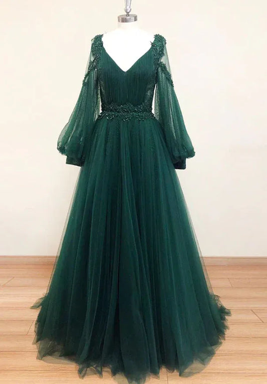 Enchanting Tulle-Lace Long Evening Dress Emerald Green Deep V-Neck Puff Sleeve for Women