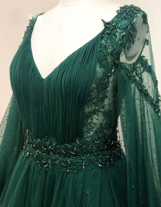 Enchanting Tulle-Lace Long Evening Dress Emerald Green Deep V-Neck Puff Sleeve for Women