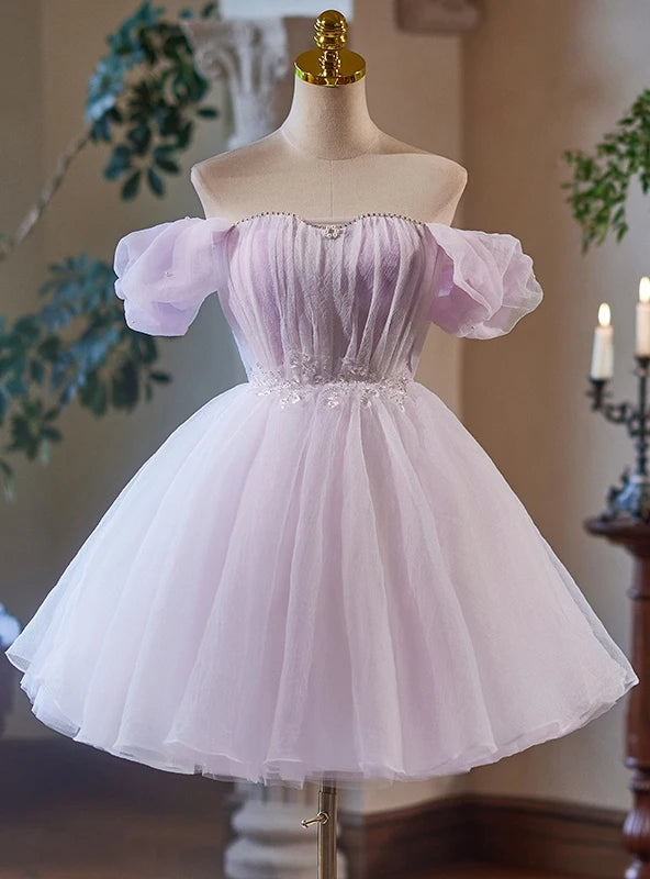 Enchanting A-Line Off-Shoulder Ruched Beaded Lavender Short Homecoming Dress