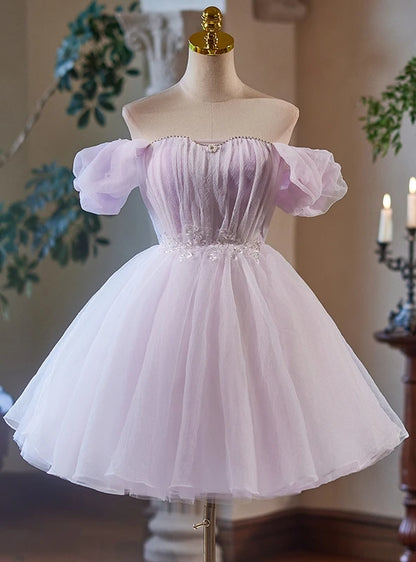 Enchanting A-Line Off-Shoulder Ruched Beaded Lavender Short Homecoming Dress