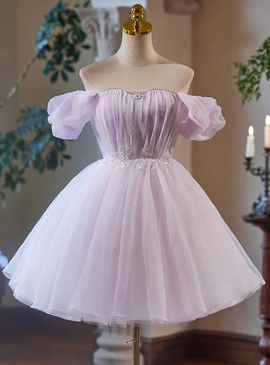 Enchanting A-Line Off-Shoulder Ruched Beaded Lavender Short Homecoming Dress