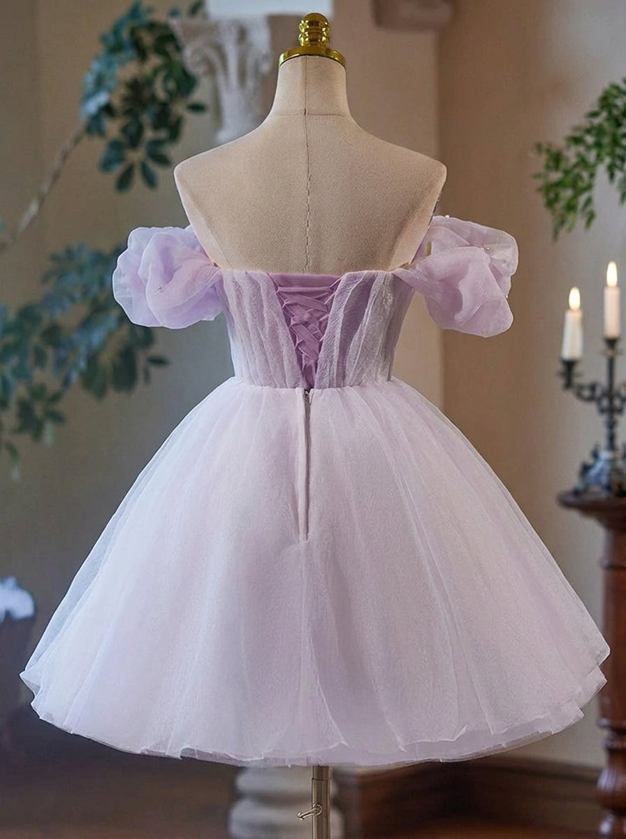Enchanting A-Line Off-Shoulder Ruched Beaded Lavender Short Homecoming Dress