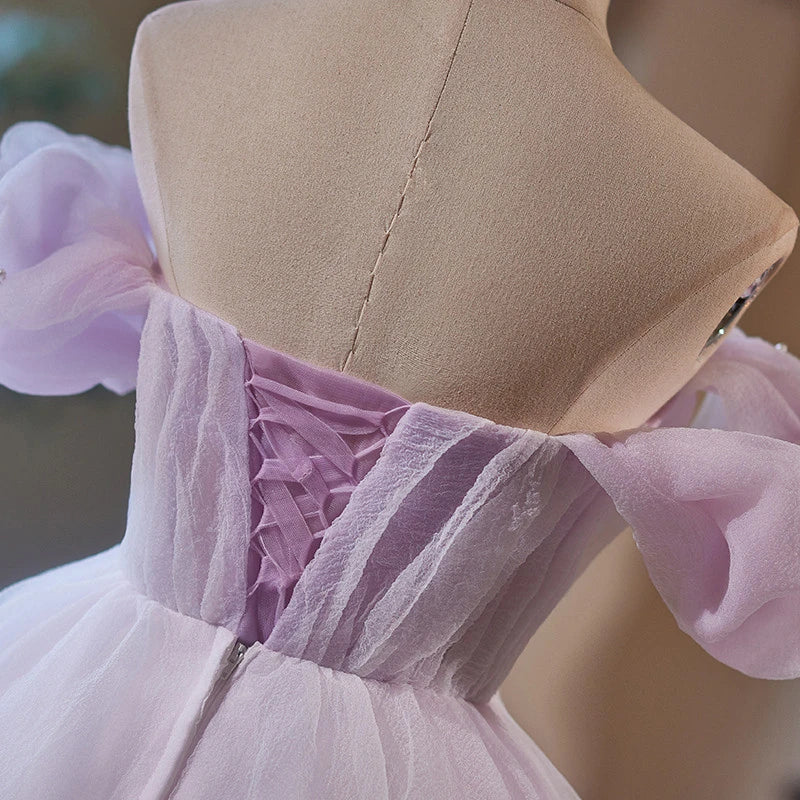 Enchanting A-Line Off-Shoulder Ruched Beaded Lavender Short Homecoming Dress