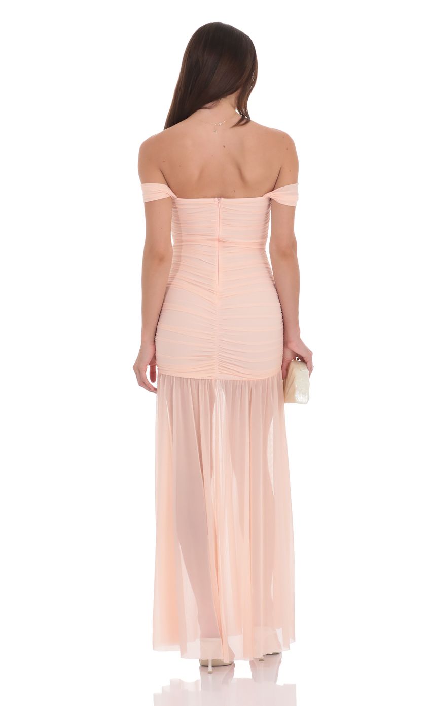 Ethereal Mermaid Off-Shoulder Ruched Tulle-Overlay Blush Floor-Length Prom Dresses
