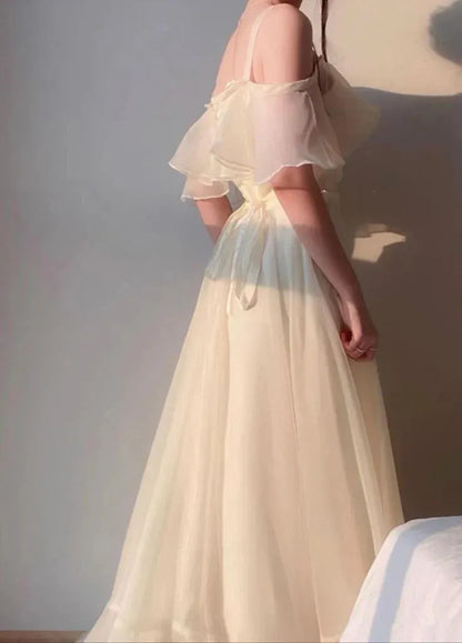 Ethereal A-Line Cold-Shoulder Ruffled Chiffon Champagne Floor-Length Evening Dress for Women