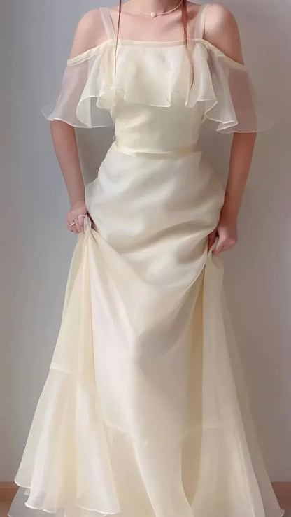 Ethereal A-Line Cold-Shoulder Ruffled Chiffon Champagne Floor-Length Evening Dress for Women