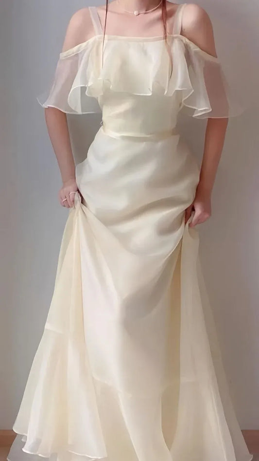 Ethereal A-Line Cold-Shoulder Ruffled Chiffon Champagne Floor-Length Evening Dress for Women