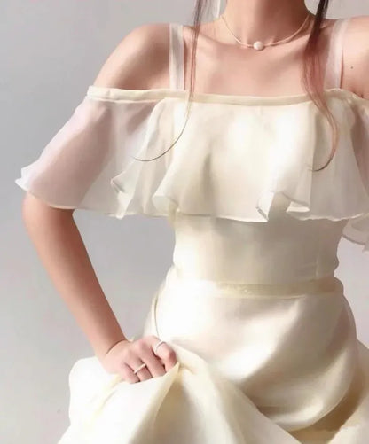 Ethereal A-Line Cold-Shoulder Ruffled Chiffon Champagne Floor-Length Evening Dress for Women