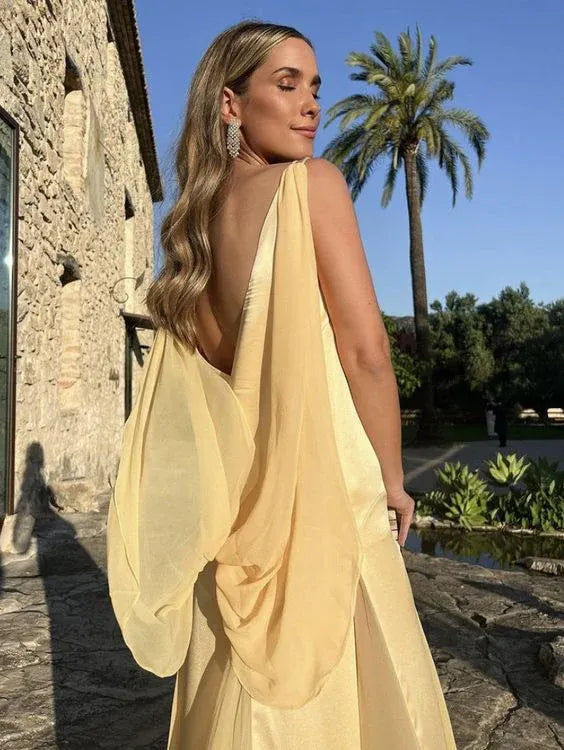 Ethereal A-Line Deep V Draped Chiffon Lemon Yellow Maxi Evening Dress for Women