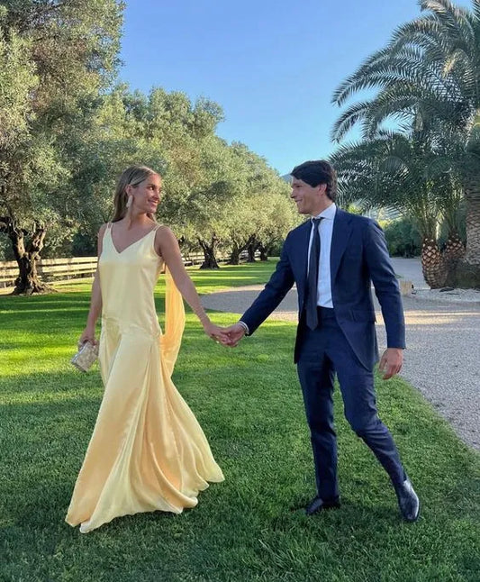 Ethereal A-Line Deep V Draped Chiffon Lemon Yellow Maxi Evening Dress for Women