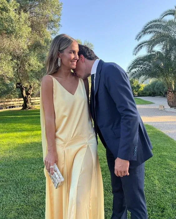 Ethereal A-Line Deep V Draped Chiffon Lemon Yellow Maxi Evening Dress for Women