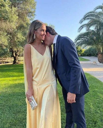 Ethereal A-Line Deep V Draped Chiffon Lemon Yellow Maxi Evening Dress for Women