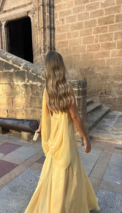 Ethereal A-Line Deep V Draped Chiffon Lemon Yellow Maxi Evening Dress for Women