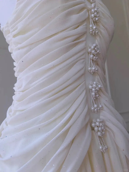 Ethereal A-Line Halter Neck Ruched Beaded Ivory Maxi Prom Dress for Women ready to ship