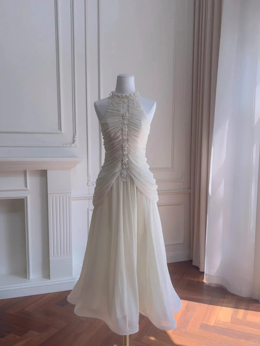 Ethereal A-Line Halter Neck Ruched Beaded Ivory Maxi Prom Dress for Women ready to ship