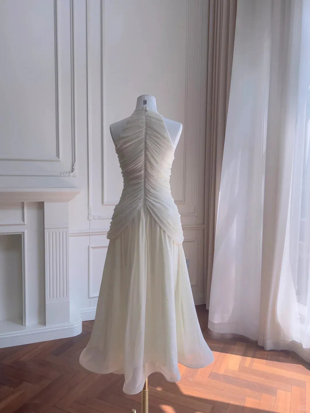 Ethereal A-Line Halter Neck Ruched Beaded Ivory Maxi Prom Dress for Women ready to ship
