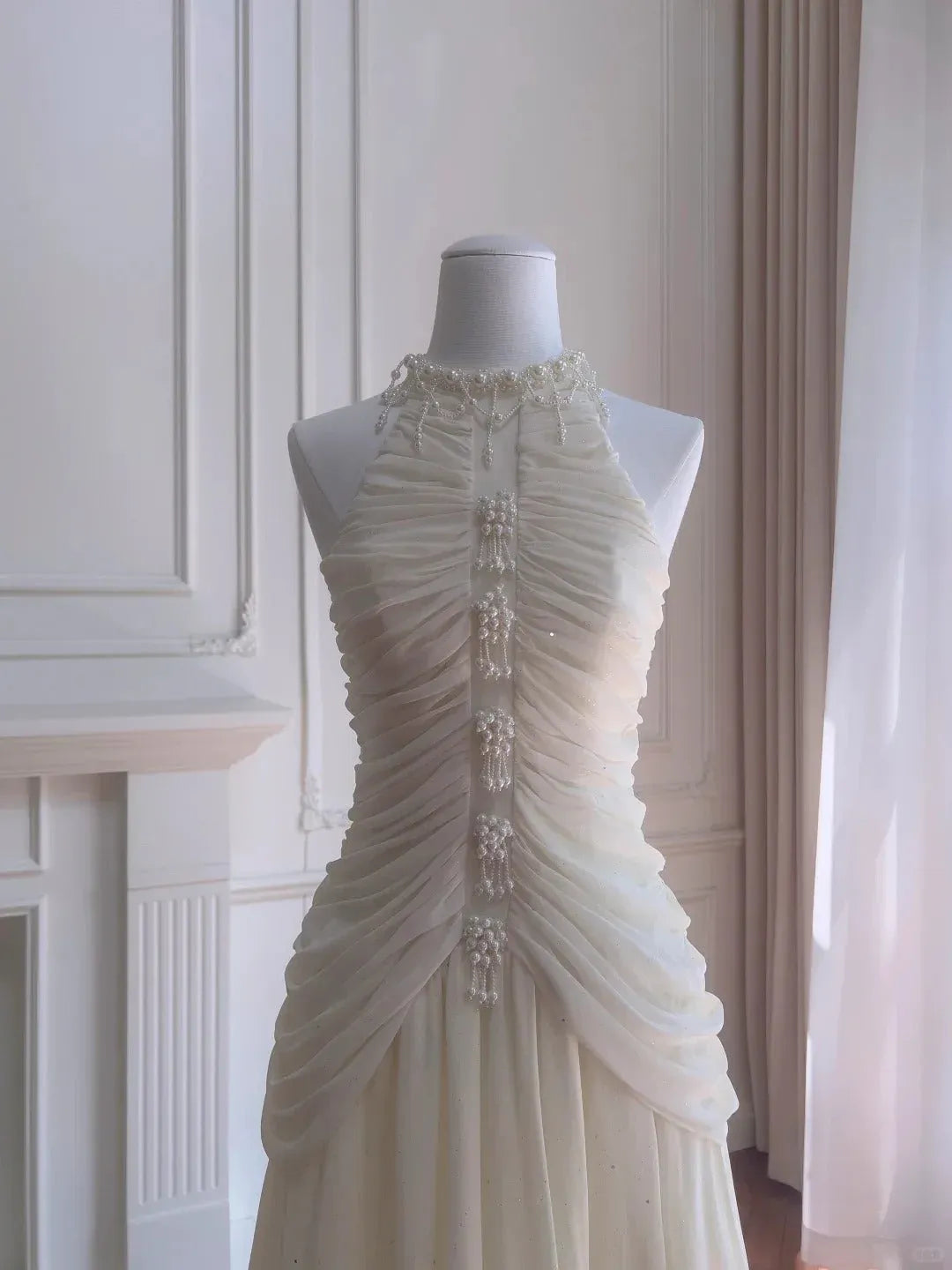 Ethereal A-Line Halter Neck Ruched Beaded Ivory Maxi Prom Dress for Women ready to ship