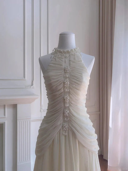 Ethereal A-Line Halter Neck Ruched Beaded Ivory Maxi Prom Dress for Women ready to ship