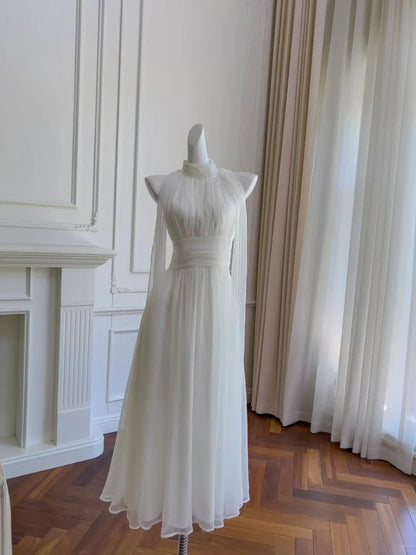 Ethereal A-Line Halter Sleeveless Draped Ivory Maxi Prom Dress for Women Custom