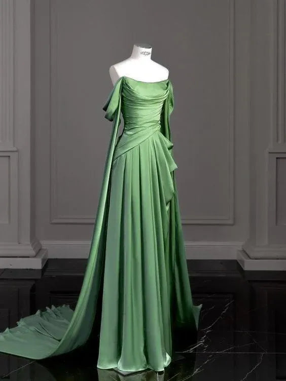 Ethereal A-Line Off-Shoulder Sleeveless Ruched Sage Green Maxi Prom Dress for Women Custom