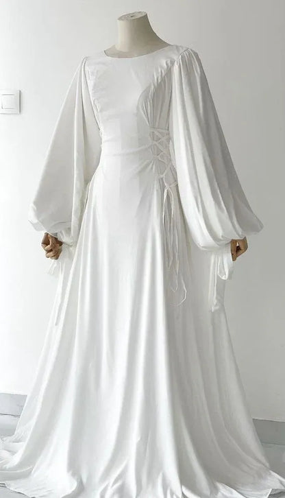 Ethereal A-Line Round-Neck Lace-Up Puff-Sleeve Satin White Maxi Evening Dress for Women