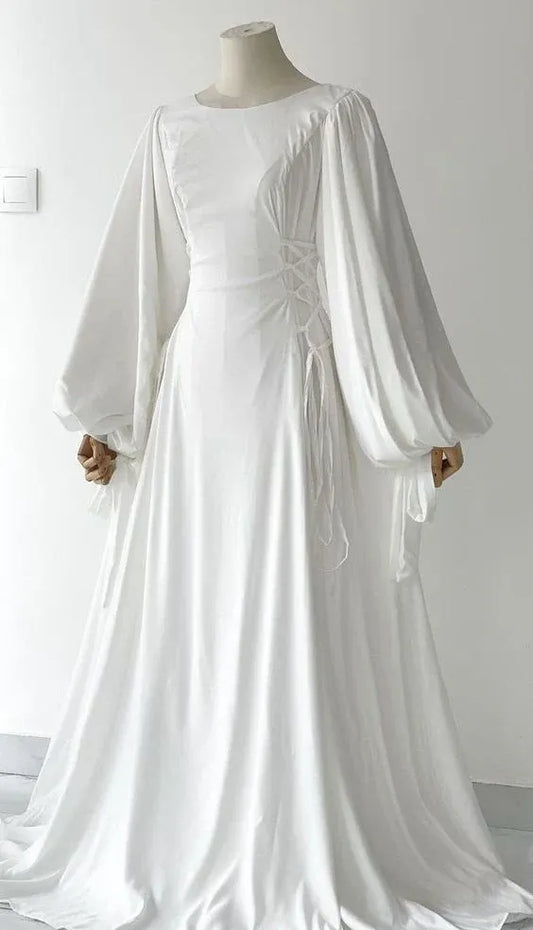 Ethereal A-Line Round-Neck Lace-Up Puff-Sleeve Satin White Maxi Evening Dress for Women