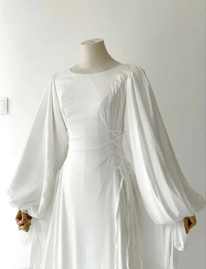 Ethereal A-Line Round-Neck Lace-Up Puff-Sleeve Satin White Maxi Evening Dress for Women