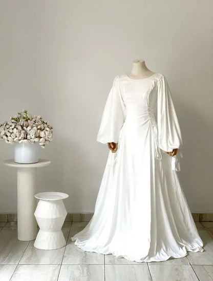 Ethereal A-Line Round-Neck Lace-Up Puff-Sleeve Satin White Maxi Evening Dress for Women