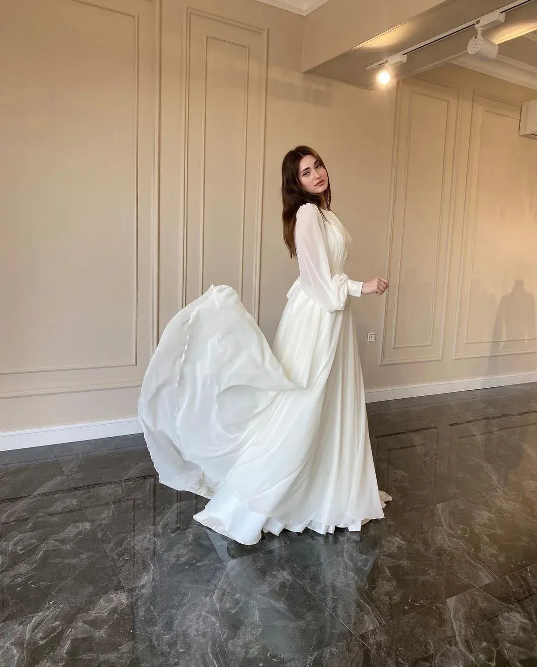 Ethereal A-Line Round-Neck Sheer-Sleeve Satin Ivory Train Maxi Evening Dress for Women