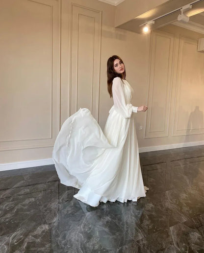 Ethereal A-Line Round-Neck Sheer-Sleeve Satin Ivory Train Maxi Evening Dress for Women