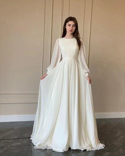 Ethereal A-Line Round-Neck Sheer-Sleeve Satin Ivory Train Maxi Evening Dress for Women
