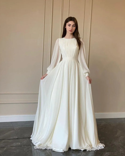 Ethereal A-Line Round-Neck Sheer-Sleeve Satin Ivory Train Maxi Evening Dress for Women
