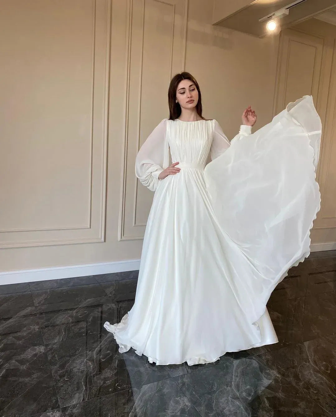 Ethereal A-Line Round-Neck Sheer-Sleeve Satin Ivory Train Maxi Evening Dress for Women