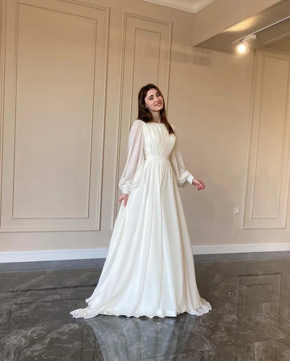 Ethereal A-Line Round-Neck Sheer-Sleeve Satin Ivory Train Maxi Evening Dress for Women