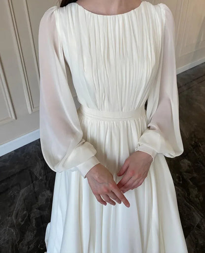 Ethereal A-Line Round-Neck Sheer-Sleeve Satin Ivory Train Maxi Evening Dress for Women