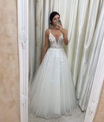 Ethereal A-Line Spaghetti Strap Applique White Floor Length Wedding Dress For Bride For Sale
