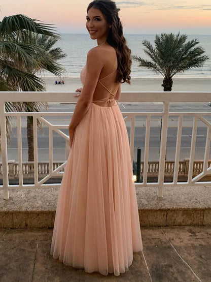 Ethereal A-Line Spaghetti Strap Lace Blush Floor-Length Prom Dress