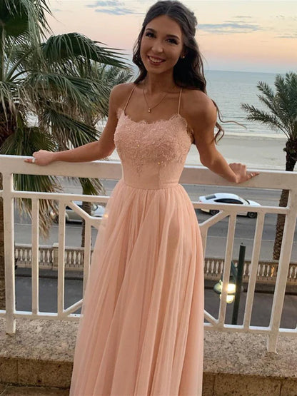 Ethereal A-Line Spaghetti Strap Lace Blush Floor-Length Prom Dress
