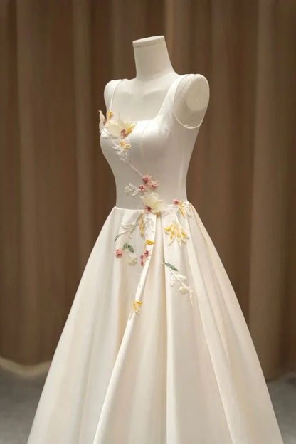 Ethereal A-Line Square-Neck Sleeveless Floral-Embroidered Satin Ivory Floor-Length Evening Dress for Women