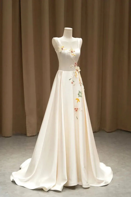 Ethereal A-Line Square-Neck Sleeveless Floral-Embroidered Satin Ivory Floor-Length Evening Dress for Women