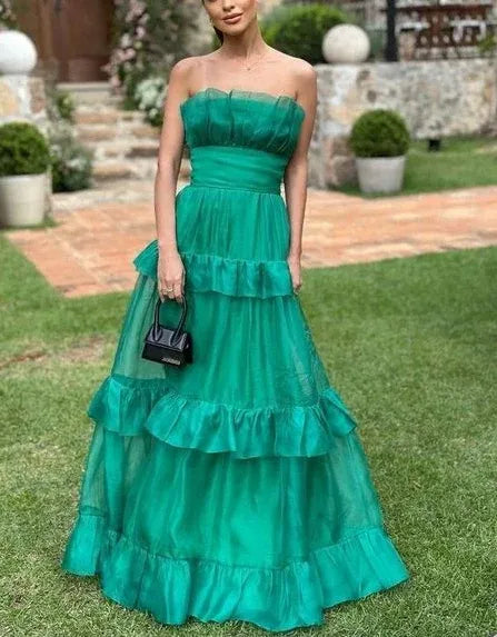 Ethereal A-Line Strapless Sleeveless Ruffled Emerald Green Maxi Prom Dress for Women Ready to Ship