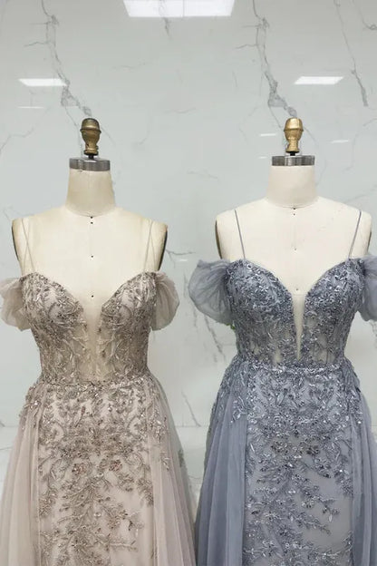 Ethereal A-Line Sweetheart Neck Sleeveless Beaded Champagne Maxi Prom Dress for Women Ready to Ship