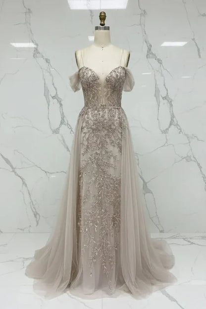 Ethereal A-Line Sweetheart Neck Sleeveless Beaded Champagne Maxi Prom Dress for Women Ready to Ship