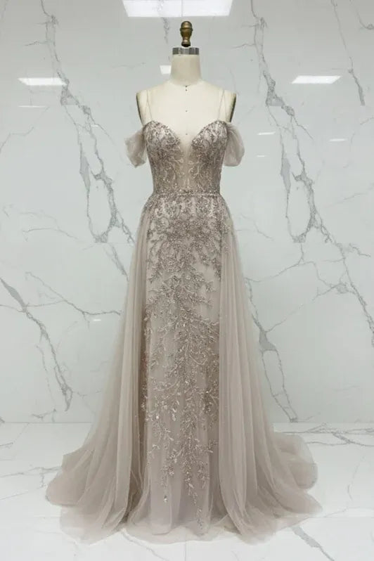 Ethereal A-Line Sweetheart Neck Sleeveless Beaded Champagne Maxi Prom Dress for Women Ready to Ship